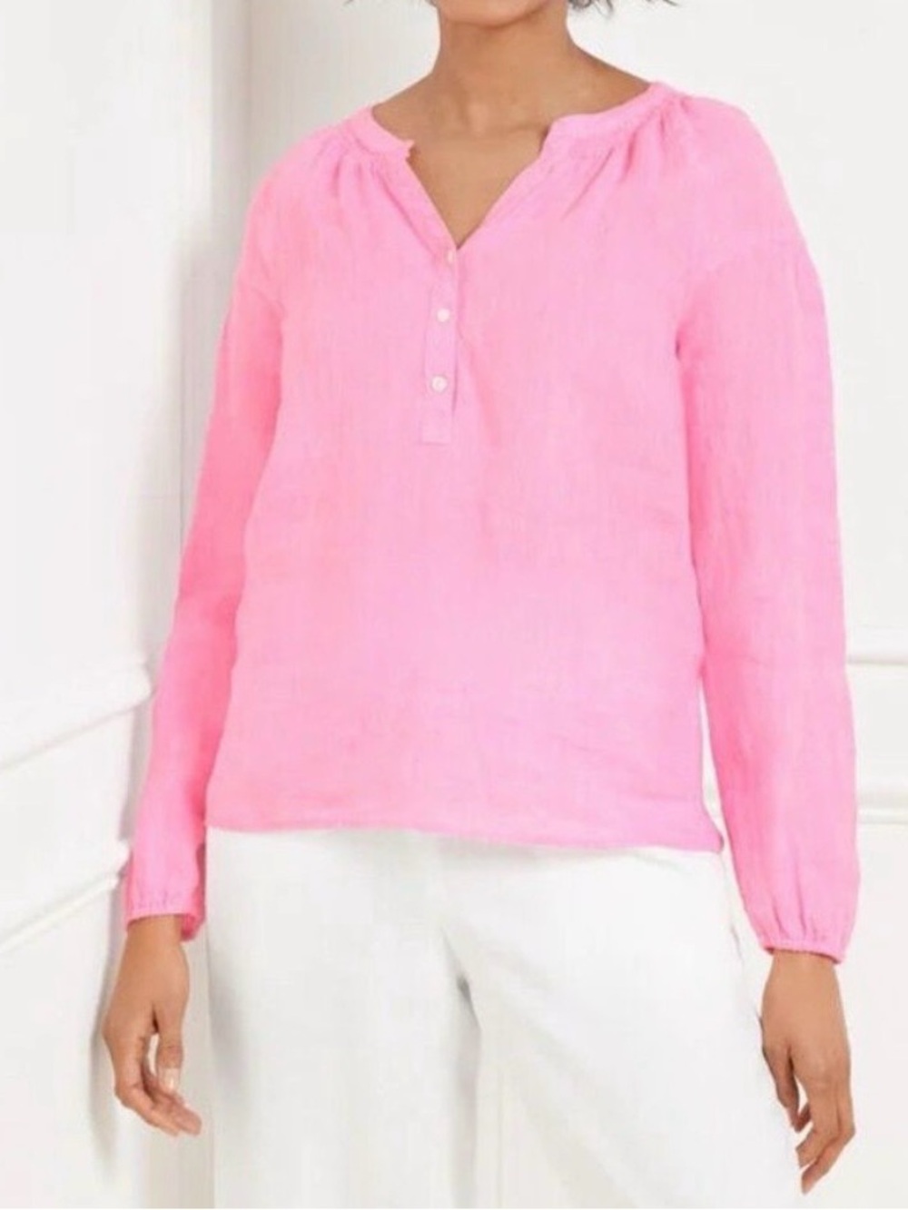 Talbots Pink Linen popover shirt lantern sleeve Peasant Coastal Boho Lagenlook L - Picture 1 of 7